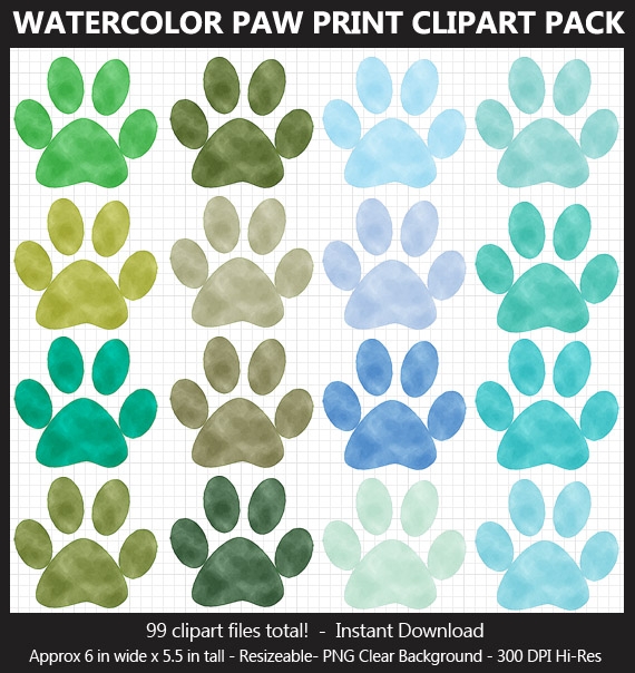 Watercolor Paw Print Clipart - 99 Colors, Dog Paw Print, Cat Paw, Puppy Paw, Printable, Iron-on	