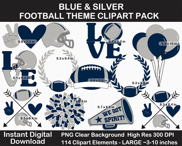 Blue and Silver Football Theme Clip Art - Helmet, Logo, Label, Pennant Banner, Birthday
