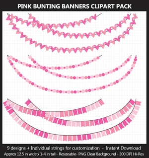 Pink Bunting Banner Clipart Pack - Wedding, Baby Shower, Birthday, Hearts, Stars, Pennant, Scrapbook