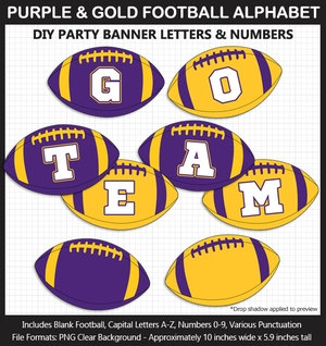 Purple and Gold Football Alphabet Banner Clip Art - Varsity Letters, Numbers, Superbowl, Party