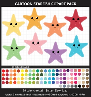 Cartoon Starfish Clipart Pack - 99 Colors, Beach, Under the Sea, Ocean, Summer, Classroom, Printable