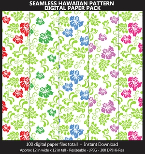 Hawaiian Print Digital Paper Pack - Seamless, Hibiscus Flowers, 100 Colors, Hawaii, Luau, Scrapbook