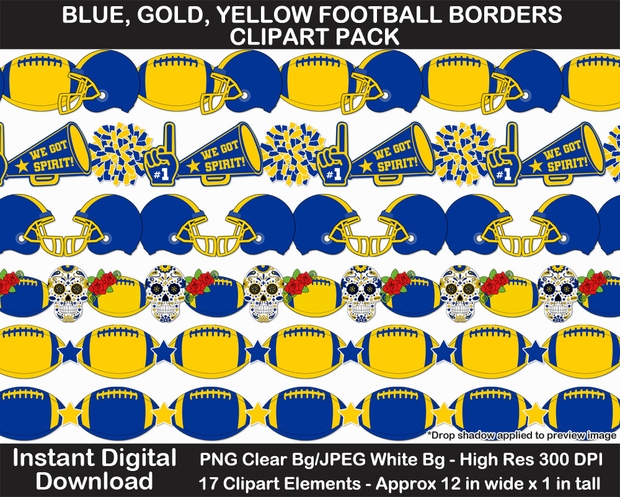 Blue, Gold, Yellow Football Borders Clipart - Printable, Scrapbook Border, Page Border, Bulletin