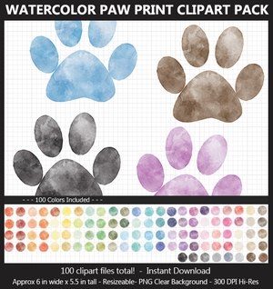 Watercolor Paw Print Clipart - 100 Colors, Dog Paw Print, Cat Paw, Puppy Paw, Printable, Iron On