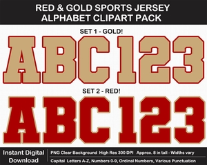 Red, Gold, White Sports Jersey Alphabet Clipart - Varsity Letters, Numbers, Superbowl, Sign