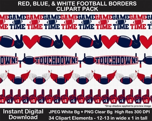 Red, Blue, White Football Borders Clipart Pack - Printable, Scrapbook Border, Page Border, Bulletin