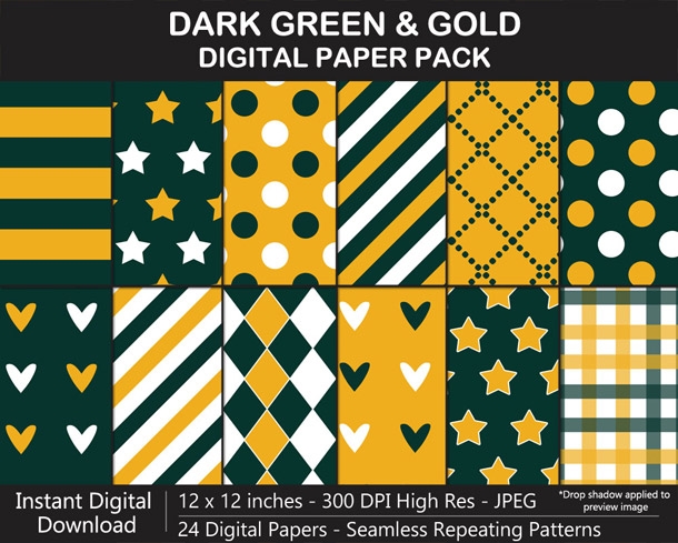 Dark Green and Gold Digital Paper Pack - SEAMLESS, Scrapbook, Background, Football, Wrapping Paper	