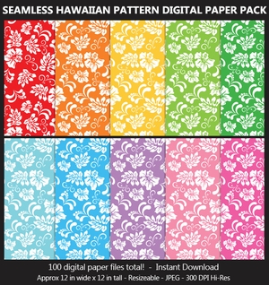 Hawaiian Print Digital Paper Pack - Seamless, Hibiscus Flowers, 100 Colors, Hawaii, Luau, Scrapbook