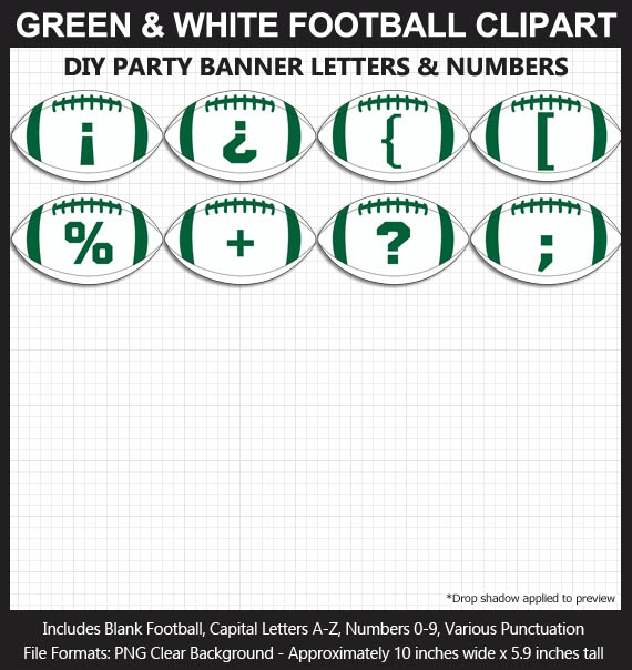 Green and White Football Alphabet Banner Clip Art - Letters, Numbers, Superbowl, DIY Football Party