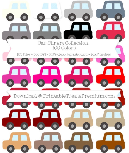 Car Clipart Pack - 100 Fun Colors, Large 10 Inches, Printable, Kids, Children, School, Teacher	