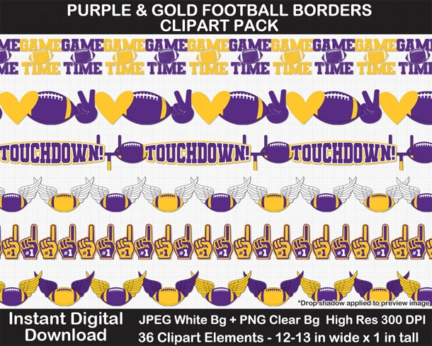 Purple and Gold Football Borders Clipart Pack - Printable, Scrapbook Border, Page Border, Bulletin