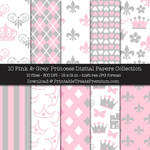 Pink &amp; Grey Princess Digital Paper Pack - Crown, Butterflies, Fleur de Lis, Background, 12x12 Scrapb