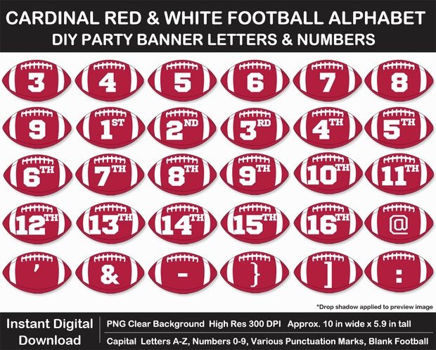 Cardinal Red and White Football Alphabet Banner Clip Art - Letters, Numbers, Superbowl, Birthday