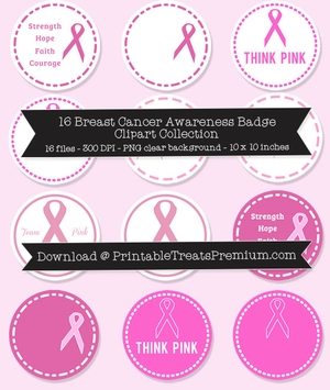 Breast Cancer Awareness Badge Clipart Pack - Hot Pink, Pink Ribbon, Think Pink, Find the Cure, Print