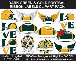 Dark Green and Gold Football Ribbon Labels Clipart Pack - Helmet, Cheer Pom Pom, Printable, Sign