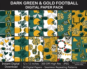 Dark Green and Gold Football Digital Paper Pack - Seamless, Background, Superbowl, Bday, Scrapbook	