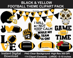 Black and Yellow Football Theme Clip Art - Helmet, Label, Pennant Banner, Birthday, Superbowl