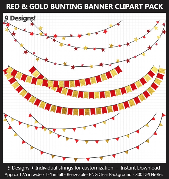 Red &amp; Gold Foil Bunting Banner Clipart Pack - Wedding, Valentine&#x27;s Day, Birthday, Heart, Star, Penna