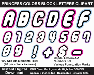 Princess Colors Block Letters Clipart - Letters, Numbers, Punctuation, 4 Color Sets, Large	