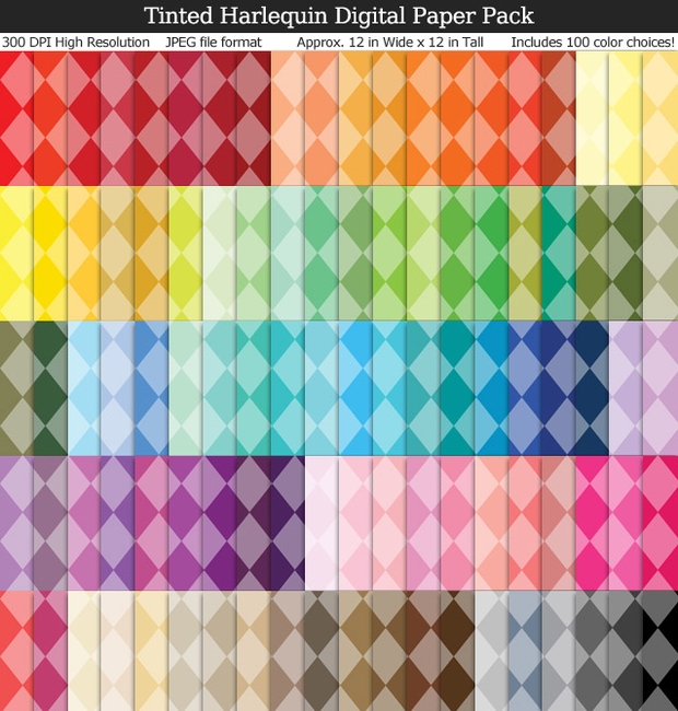 Tinted Harlequin Digital Paper Pack - 100 Colors, Birthday Party, Jester, Joker, Diamonds, Scrapbook