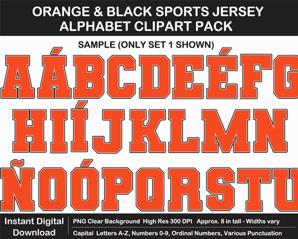 Orange and Black Sports Jersey Alphabet Clipart - Varsity Letters, Numbers, Superbowl, Sign	