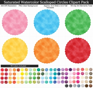 Saturated Watercolor Scalloped Circle Clipart Graphic Pack - 99 Fun Colors, Printable, Scrapbook