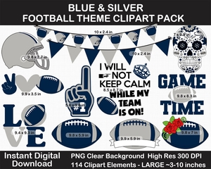 Blue and Silver Football Theme Clip Art - Helmet, Logo, Label, Pennant Banner, Birthday