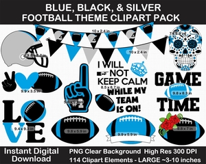 Blue, Black, Silver Football Theme Clip Art - Helmet, Label, Pennant Banner, Birthday, Superbowl