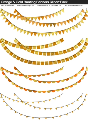 Orange &amp; Gold Bunting Banner Clipart Pack - Wedding, Baby Shower, Birthday, Heart, Stars, Pennant	