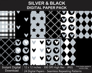 Silver and Black Digital Paper Pack - SEAMLESS, Polka Dot, Stars, Harlequin, Fleur de Lis, Scrapbook