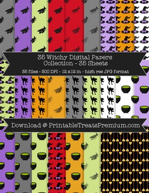 35 Witchy Digital Paper Pack - CUOK, Halloween, Witch, Black Cat, Broom, Cauldron