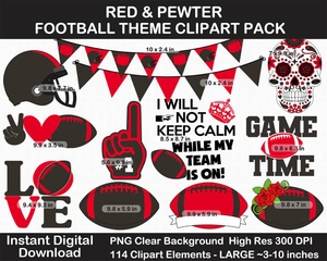 Red and Pewter Football Theme Clip Art - Helmet, Logo, Label, Pennant Banner, Birthday, Superbowl	