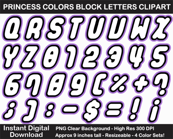 Princess Colors Block Letters Clipart - Letters, Numbers, Punctuation, 4 Color Sets, Large	