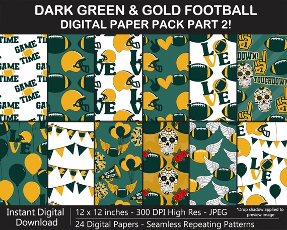 Dark Green and Gold Football Digital Paper Pack - Seamless, Background, Superbowl, Bday, Scrapbook	