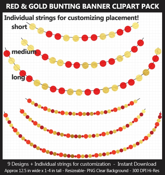 Red &amp; Gold Foil Bunting Banner Clipart Pack - Wedding, Valentine&#x27;s Day, Birthday, Heart, Star, Penna