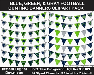 Blue, Green, Gray Football Bunting Banners Clipart - Helmet, Foam Finger, Cheer, Pennant, Print