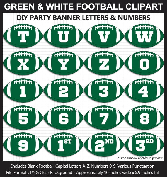 Green and White Football Alphabet Banner Clip Art - Letters, Numbers, Superbowl, DIY Football Party