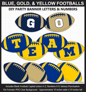 Blue, Gold, Yellow Football Alphabet Banner Clip Art - Varsity Letters, Numbers, Superbowl 