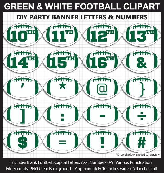 Green and White Football Alphabet Banner Clip Art - Letters, Numbers, Superbowl, DIY Football Party