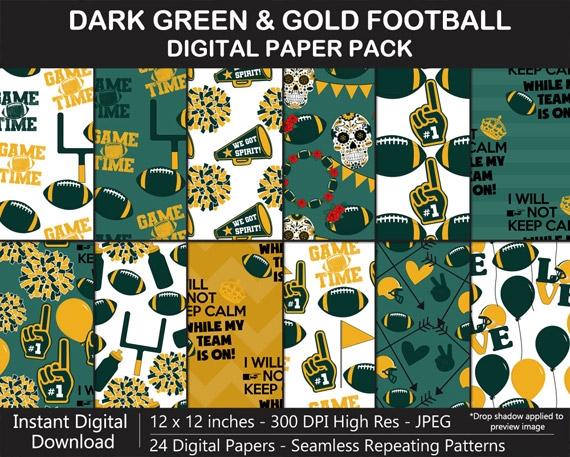 Dark Green and Gold Football Digital Paper Pack - Seamless, Background, Superbowl, Bday, Scrapbook	