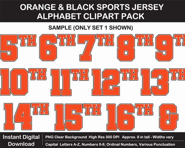 Orange and Black Sports Jersey Alphabet Clipart - Varsity Letters, Numbers, Superbowl, Sign	