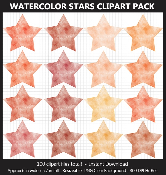 Watercolor Stars Clipart Pack - 100 Colors, Printable, Scrapbook, Planner Sticker, Bulletin Board	