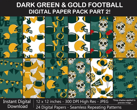 Dark Green and Gold Football Digital Paper Pack - Seamless, Background, Superbowl, Bday, Scrapbook	