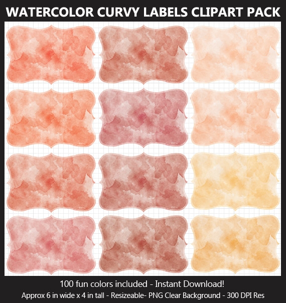 Watercolor Curvy Labels Clipart Pack - 100 Colors, Scrapbook, Party Food Labels, School Binders