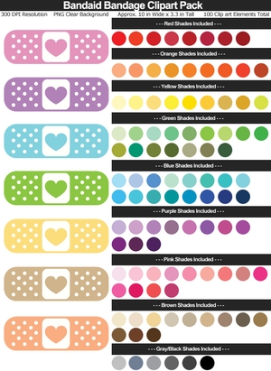 Giant Band Aid Clipart Pack - 100 Fun Colors, Bandage, Doctor Party, First Aid Kit, Printable	