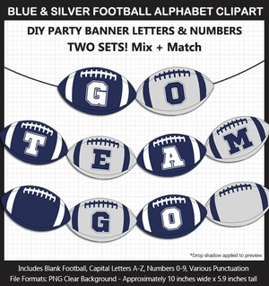 Blue and Silver Football Alphabet Banner Clip Art - Varsity Letters, Numbers, Superbowl, Party