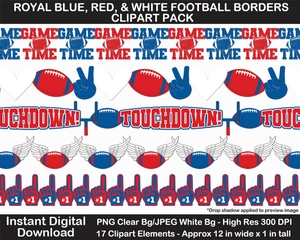 Royal Blue, Red, White Football Border Clipart Pack - Scrapbook Border, Page Border, Bulletin Border