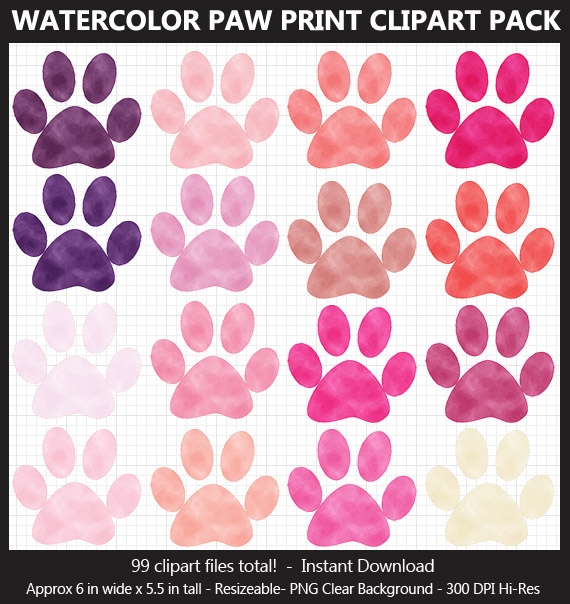 Watercolor Paw Print Clipart - 99 Colors, Dog Paw Print, Cat Paw, Puppy Paw, Printable, Iron-on	