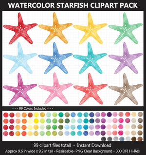 Giant Watercolor Starfish Clipart Pack - 100 Colors, Ocean, Under the Sea, Beach, Summer, Printable	