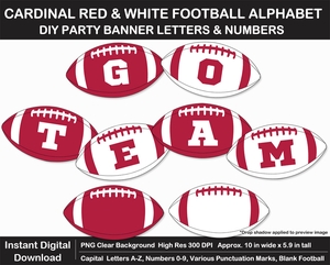 Cardinal Red and White Football Alphabet Banner Clip Art - Letters, Numbers, Superbowl, Birthday